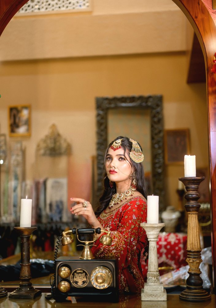 Bridal — blue mirror-work lehenga, smoky eyes