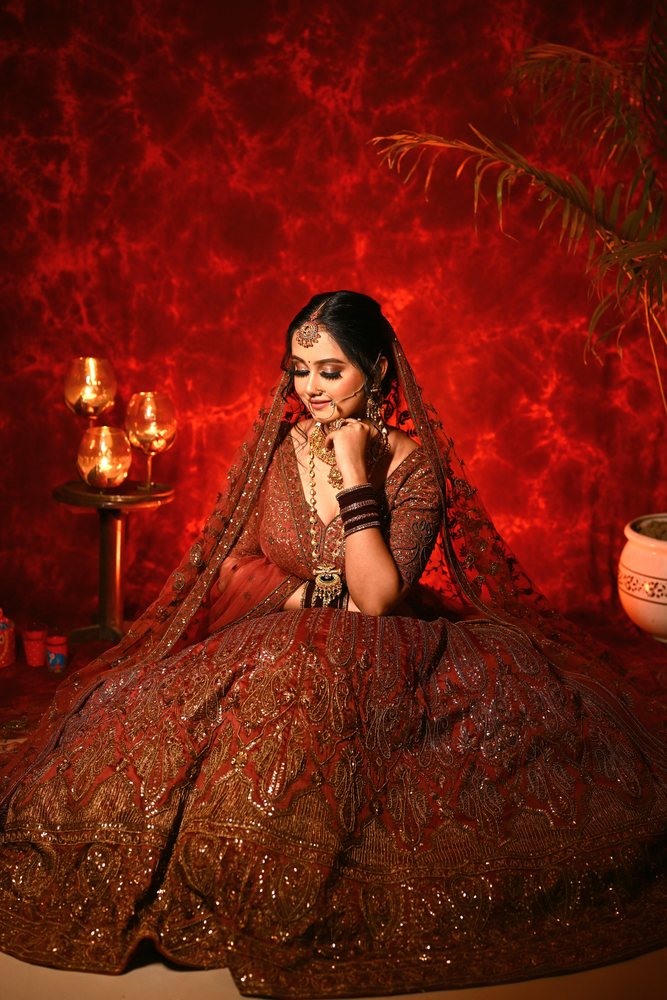 Bridal — brown lehenga, seated portrait