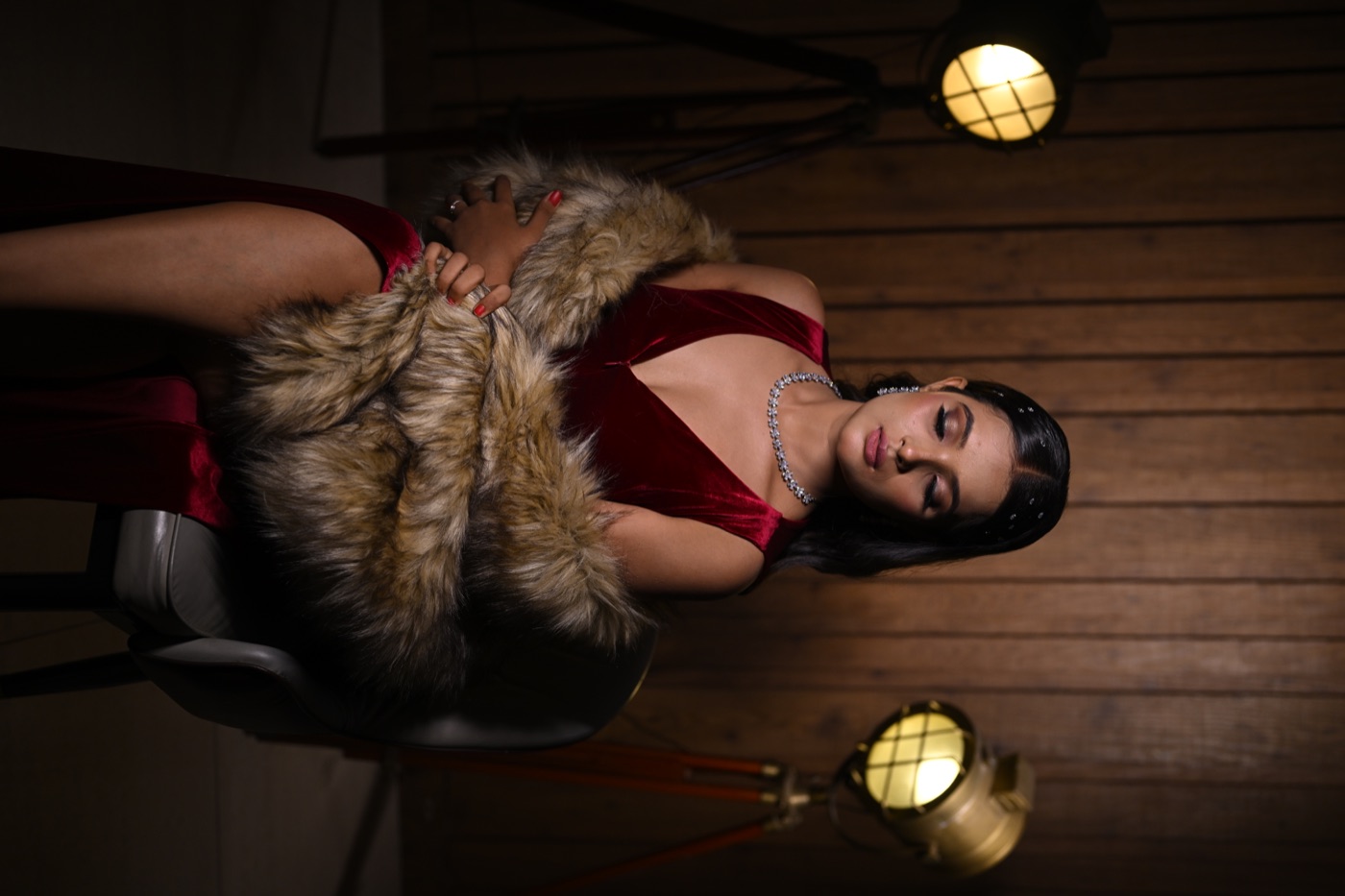 Editorial glam — red velvet outfit with fur stole
