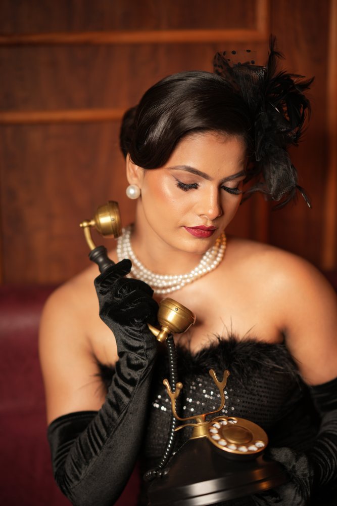 Editorial studio look — dark maroon lehenga